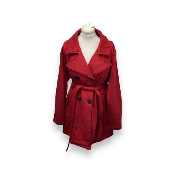 Big Chill Women's Red Double Breasted Trench Coat Peacoat Belted Fleece Jacket - Picture 2 of 10